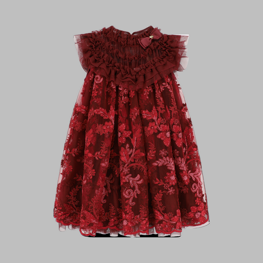 Angel's Face: DOMINIQUE FLOWER EMBROIDERY DRESS BURGUNDY