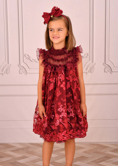 Angel's Face: DOMINIQUE FLOWER EMBROIDERY DRESS BURGUNDY