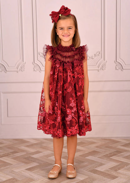 Angel's Face: DOMINIQUE FLOWER EMBROIDERY DRESS BURGUNDY