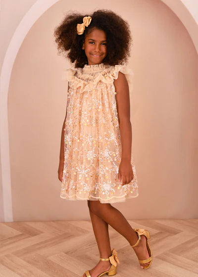 Angel's face-DOMINIQUE FLOWER SEQUIN DRESS GOLD