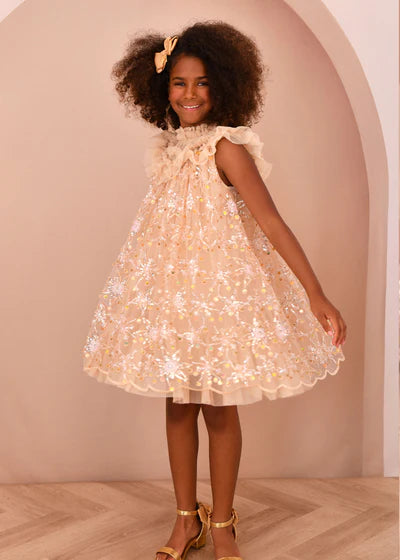 Angel's face-DOMINIQUE FLOWER SEQUIN DRESS GOLD