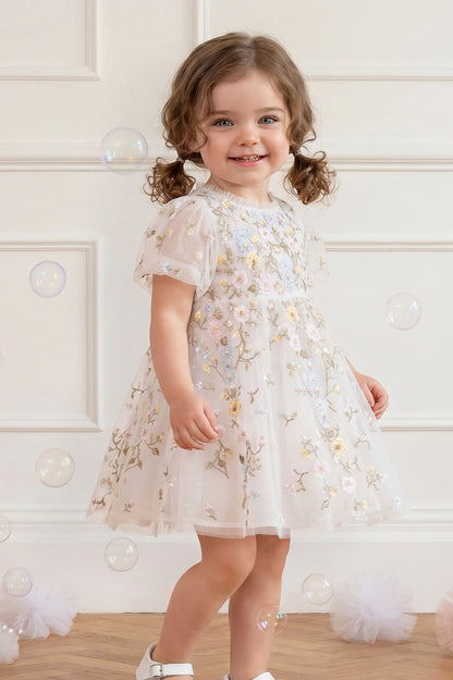 Needle & Thread: GARDEN ROSE BABY DRESS SWAN WHITE/PASTEL BLUE