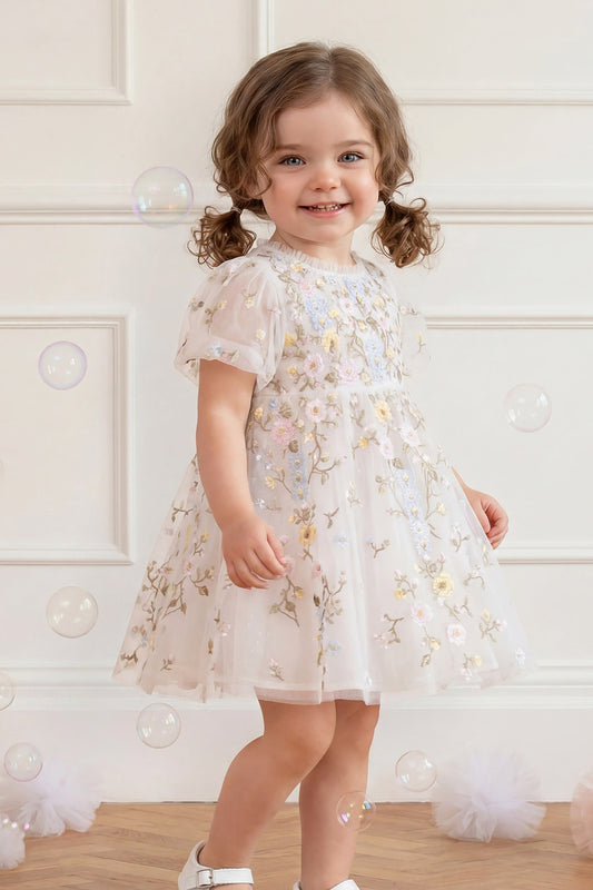 Needle & Thread: GARDEN ROSE BABY DRESS SWAN WHITE/PASTEL BLUE