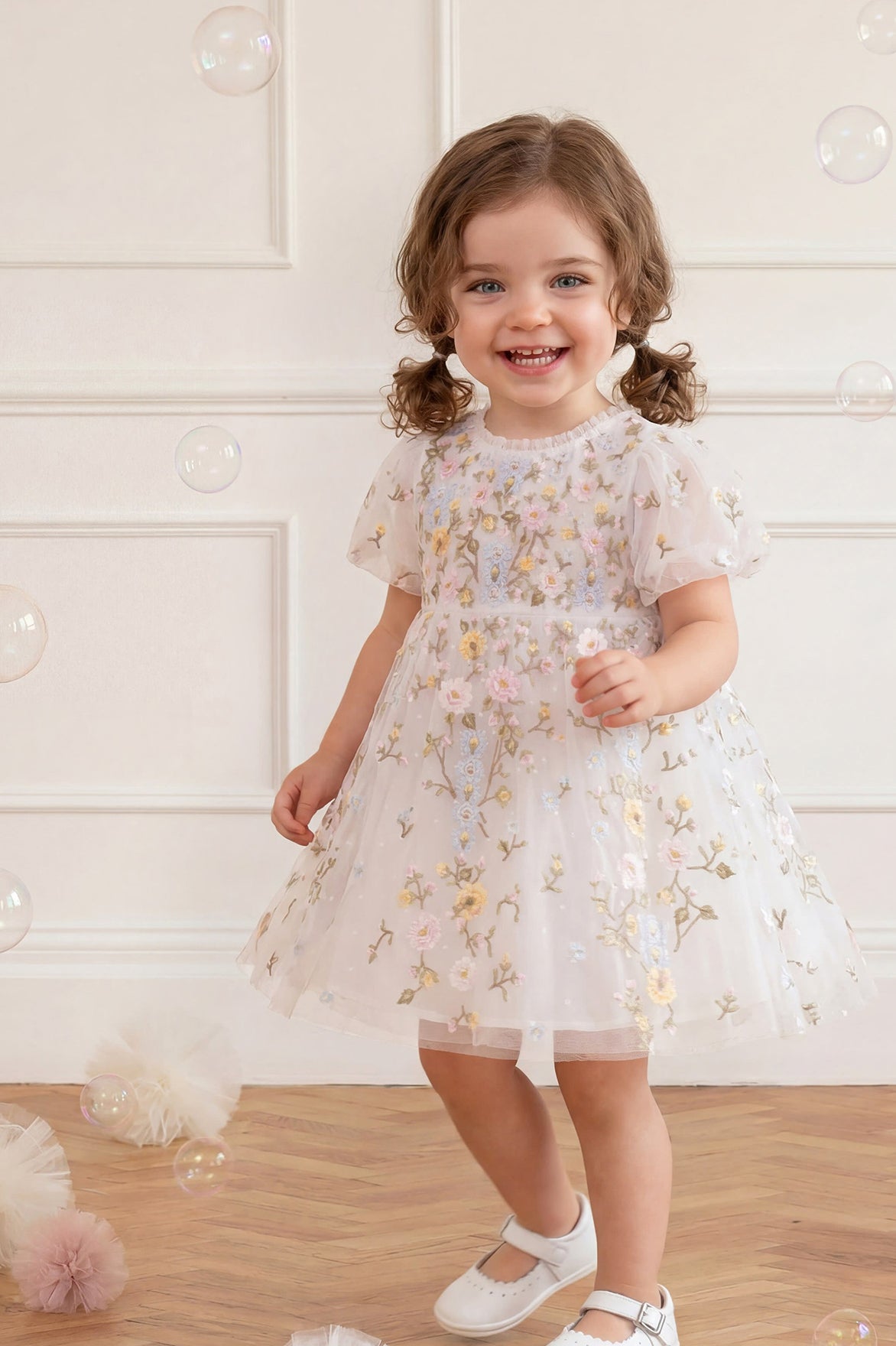Needle & Thread: GARDEN ROSE BABY DRESS SWAN WHITE/PASTEL BLUE