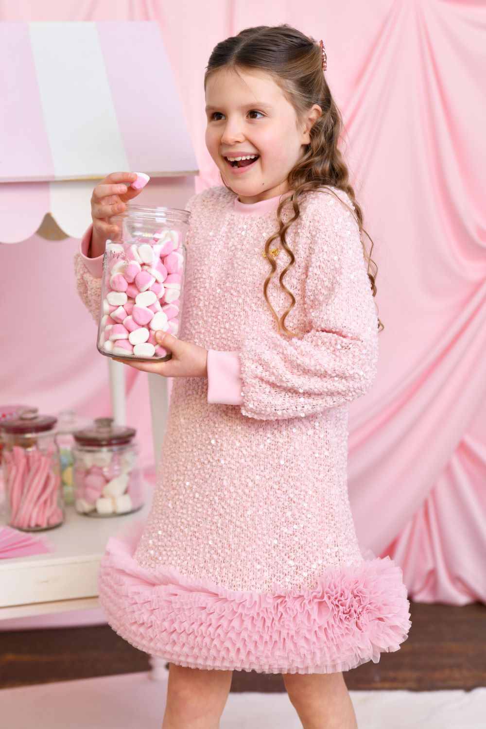 ANGEL'S FACE: JEANETTE BOUCLE SEQUIN PINK DRESS