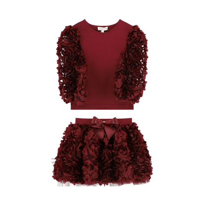 Angel's Face: KHAILA  3D TULLE TOP AND SKIRT SET BURGUNDY