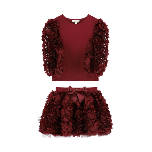 Angel's Face: KHAILA  3D TULLE TOP AND SKIRT SET BURGUNDY