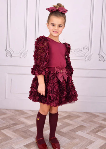 Angel's Face: KHAILA  3D TULLE TOP AND SKIRT SET BURGUNDY