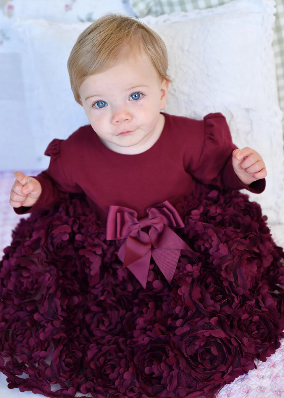 Angel's Face: LIVELY BABY L/S 3D ROSES DRESS BURGUNDY