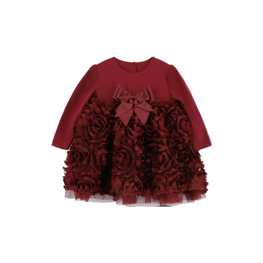 Angel's Face: LIVELY BABY L/S 3D ROSES DRESS BURGUNDY