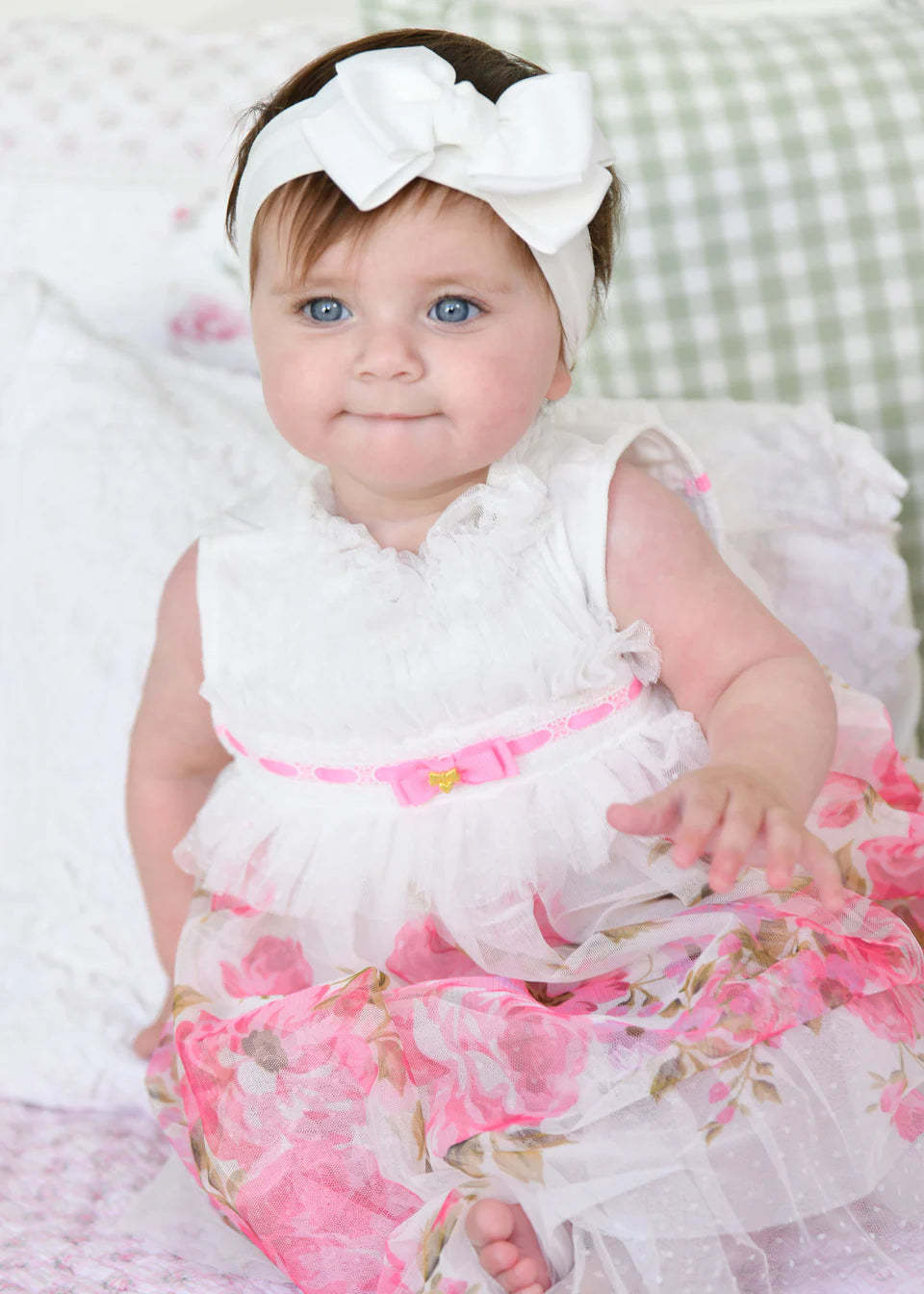 Angel's face-MINDI BORDER PRINT TULLE BABY DRESS SNOWDROP/PINK