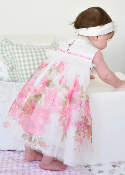 Angel's face-MINDI BORDER PRINT TULLE BABY DRESS SNOWDROP/PINK