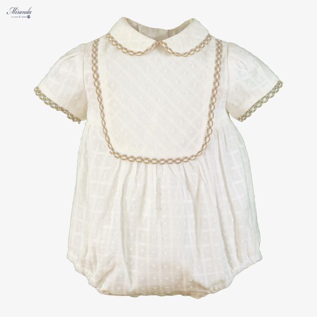 Miranda-Baby Boys White Cotton Shortie with Beige Trim