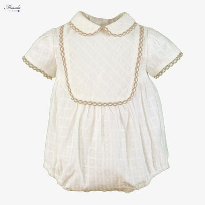 Miranda-Baby Boys White Cotton Shortie with Beige Trim