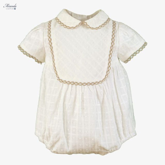 Miranda-Baby Boys White Cotton Shortie with Beige Trim