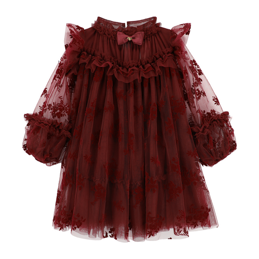 Angel's Face: NADIYA FLOCK FLOWER TULLE DRESS BURGUNDY