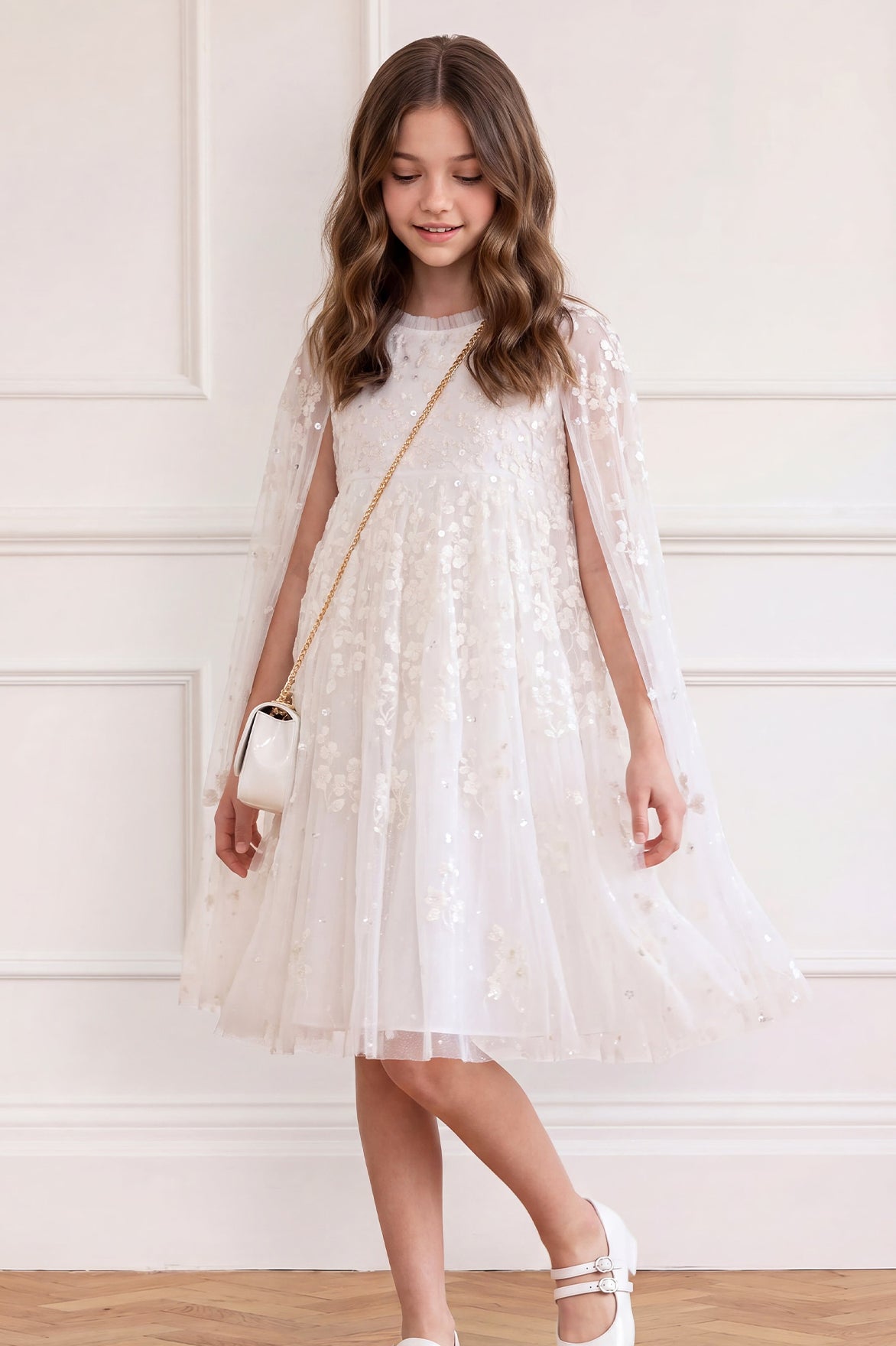 Needle & Thread: VERSAILLES DITSY CAPE KIDS DRESS SWAN WHITE