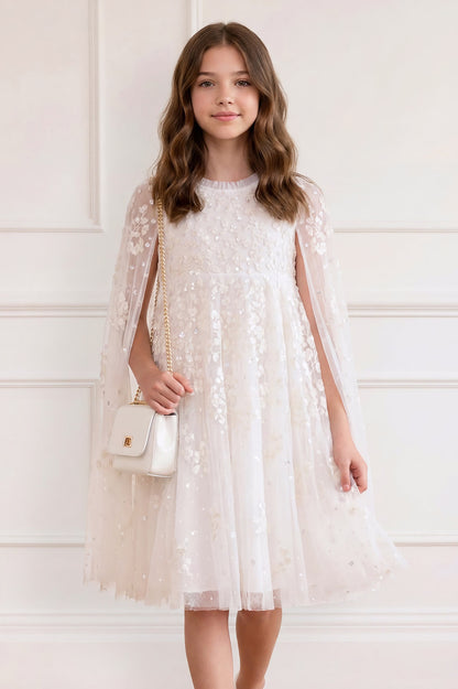 Needle & Thread: VERSAILLES DITSY CAPE KIDS DRESS SWAN WHITE