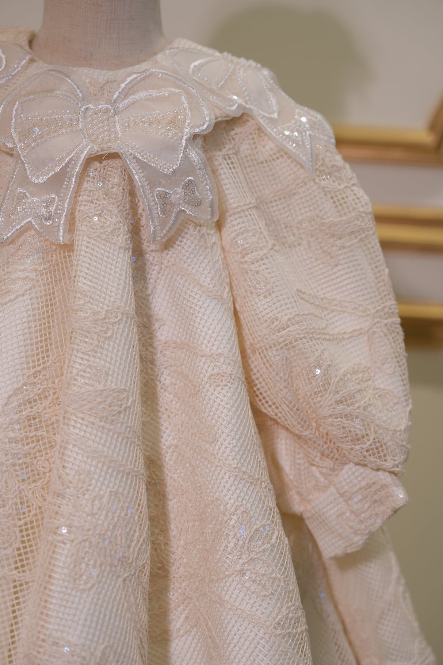 Sofia Baby Luxury White Pearl Lace Dress With Bow-Ivory