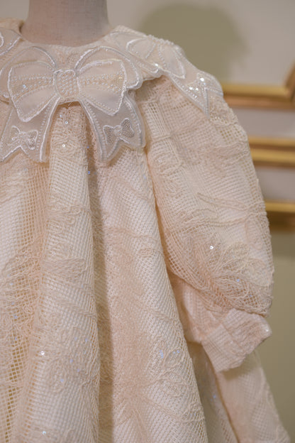 Sofia Baby Luxury White Pearl Lace Dress With Bow-Ivory