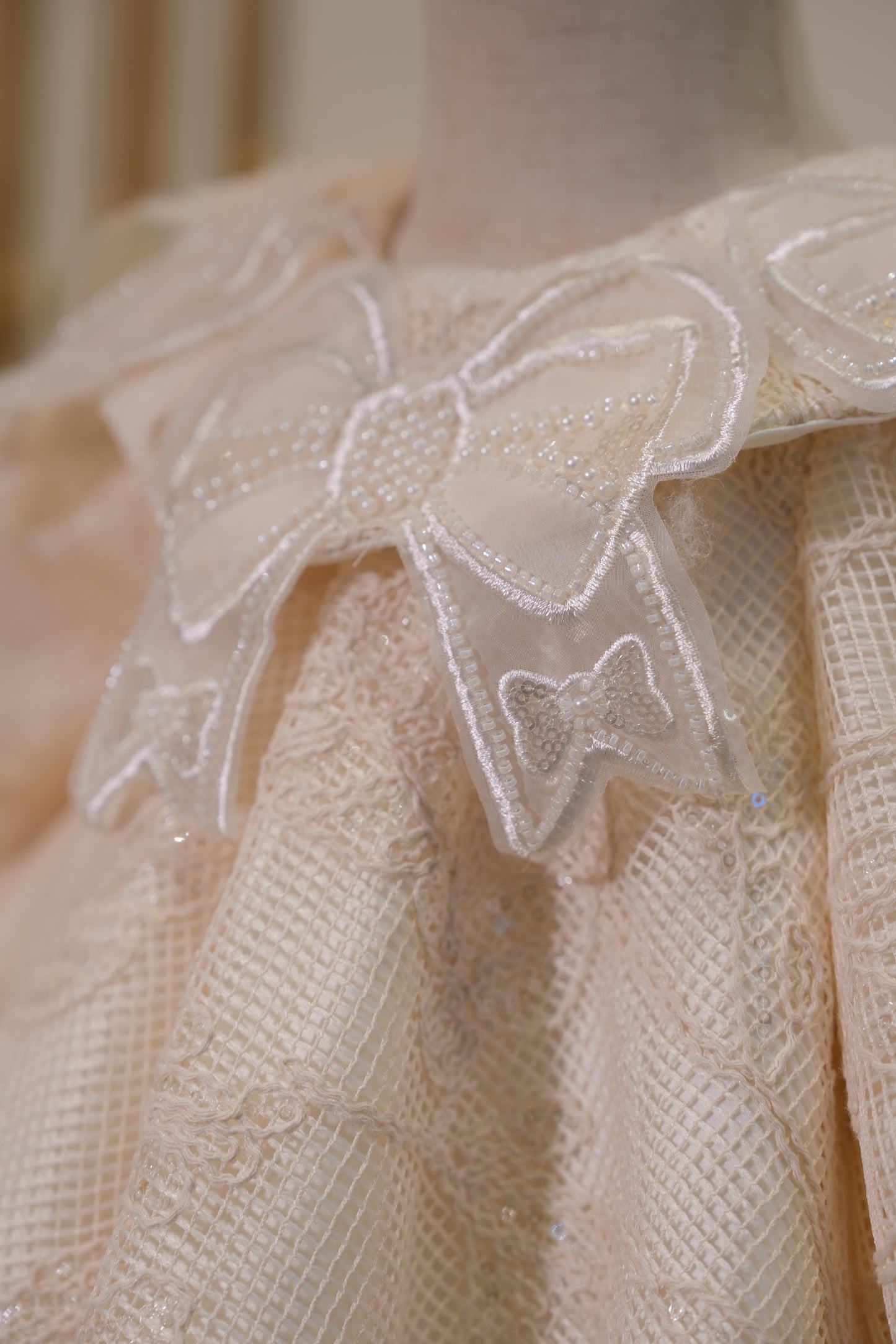 Sofia Baby Luxury White Pearl Lace Dress With Bow-Ivory