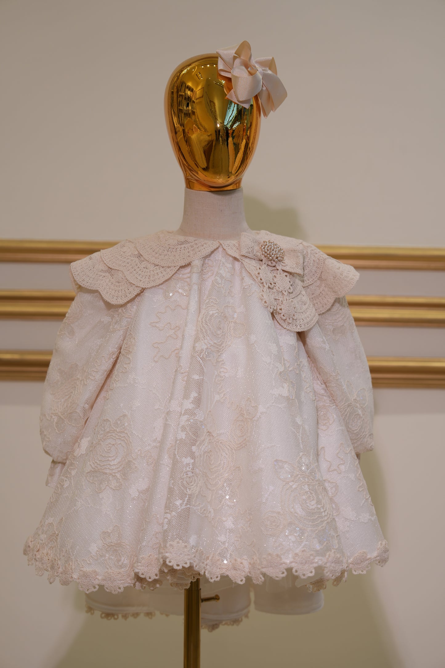 Sofia Baby Luxury Floral Rose Dress with Crochet collar-Ivory