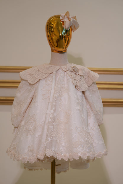 Sofia Baby Luxury Floral Rose Dress with Crochet collar-Ivory