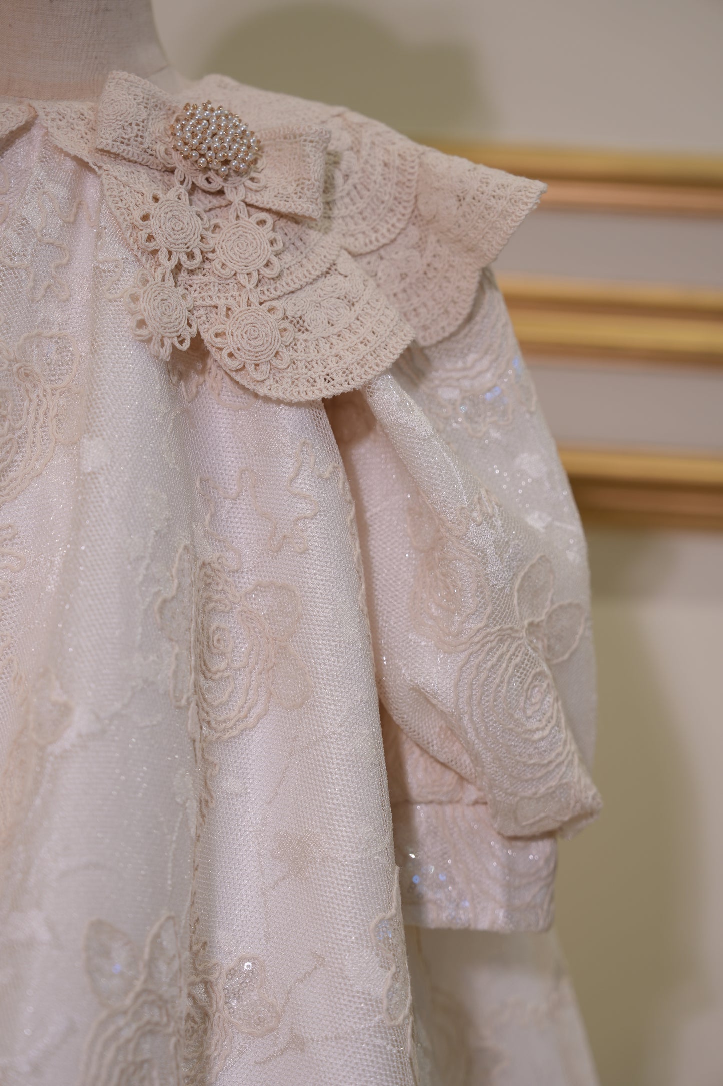 Sofia Baby Luxury Floral Rose Dress with Crochet collar-Ivory