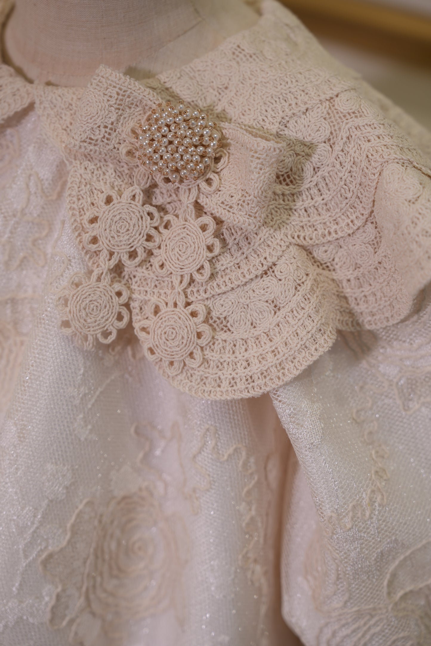 Sofia Baby Luxury Floral Rose Dress with Crochet collar-Ivory