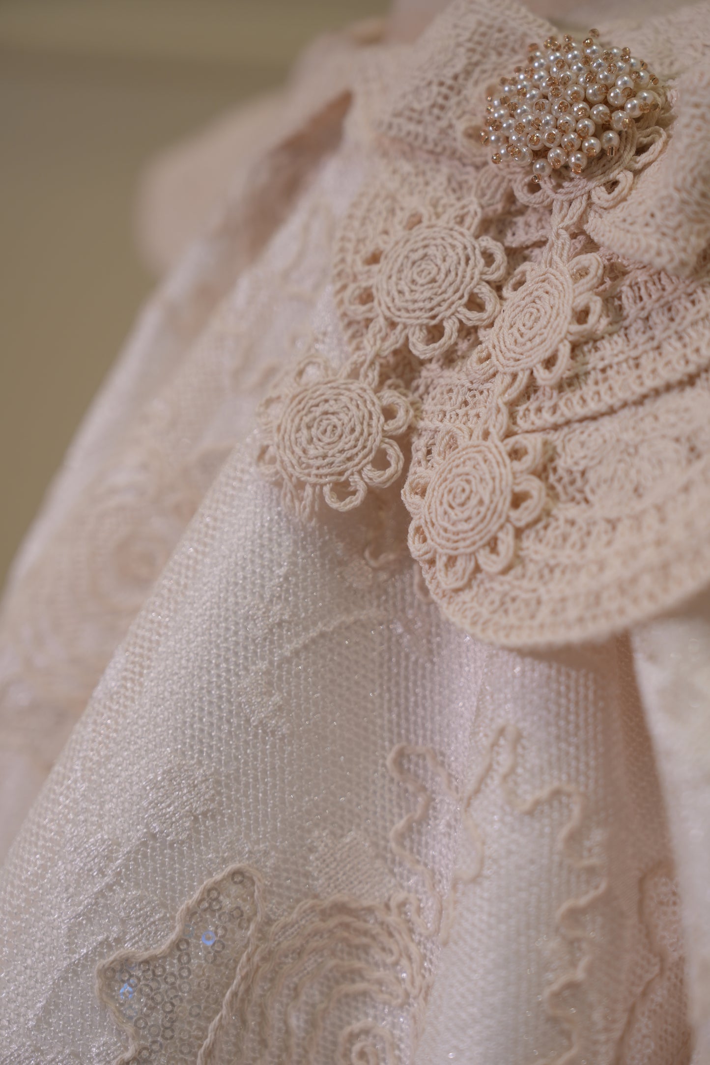 Sofia Baby Luxury Floral Rose Dress with Crochet collar-Ivory