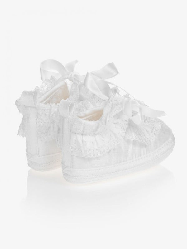 Shoes - Baby Girl White Silk Lace with ribbon tie