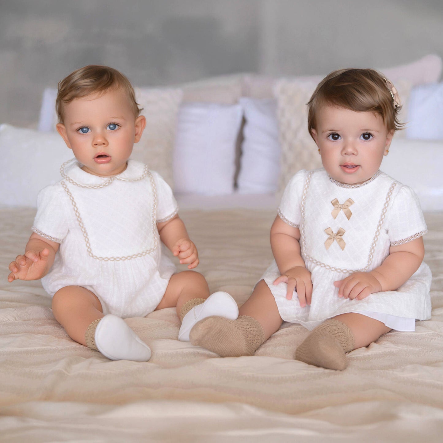 Miranda-Baby Boys White Cotton Shortie with Beige Trim