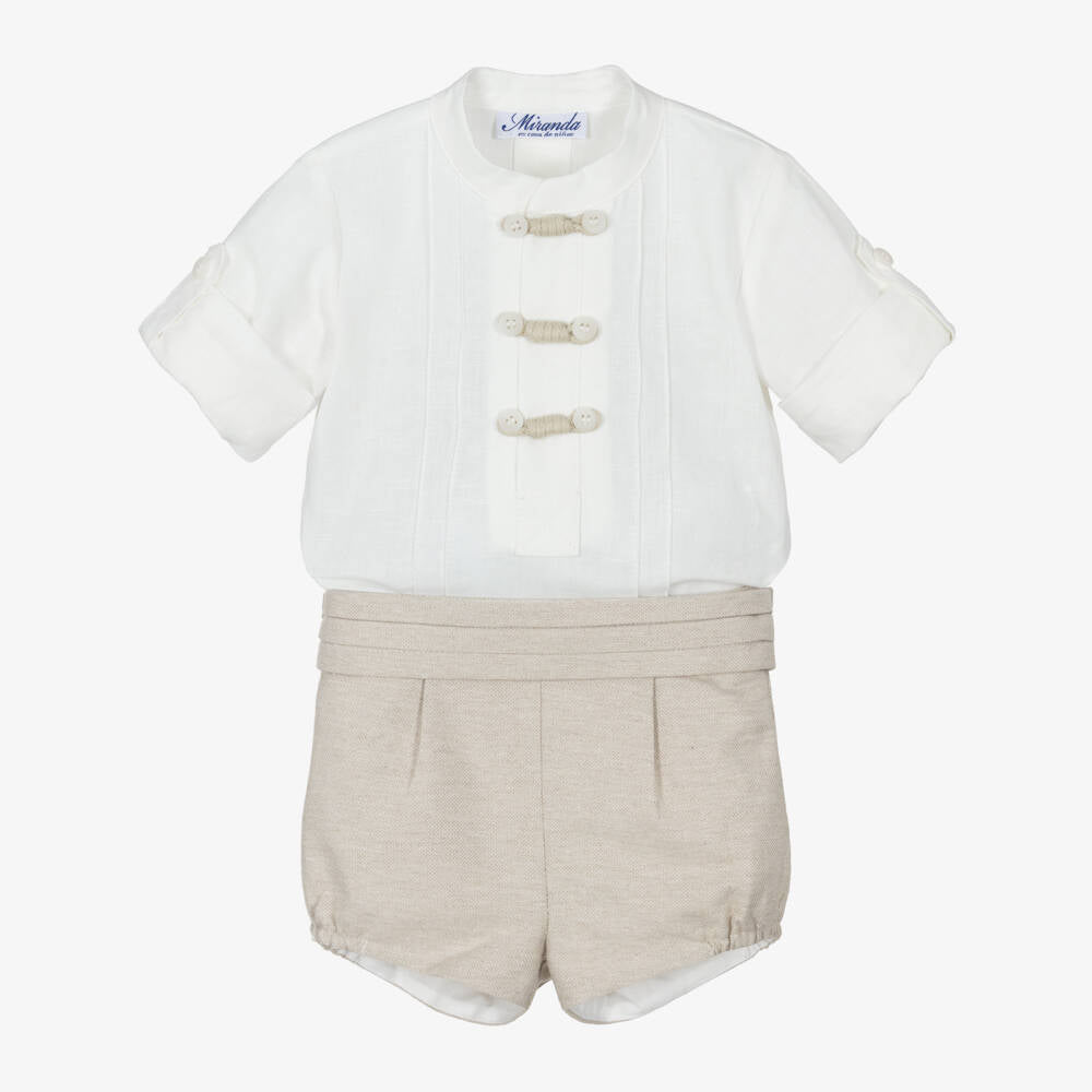 Miranda-Boys Ivory Shirt & Beige Shorts Set