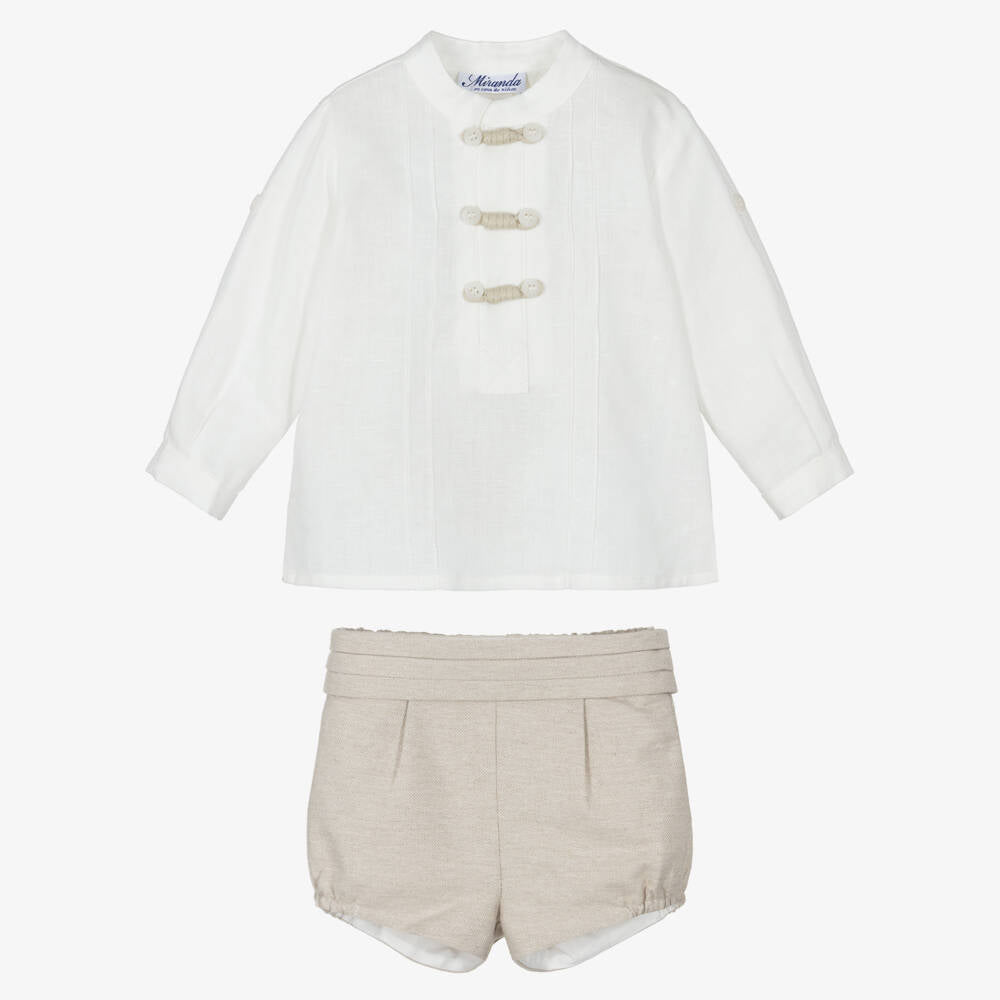 Miranda-Boys Ivory Shirt & Beige Shorts Set