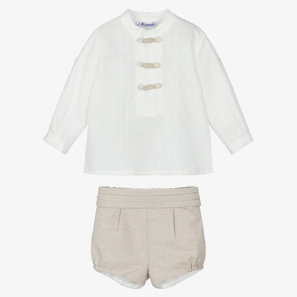 Miranda-Boys Ivory Shirt & Beige Shorts Set