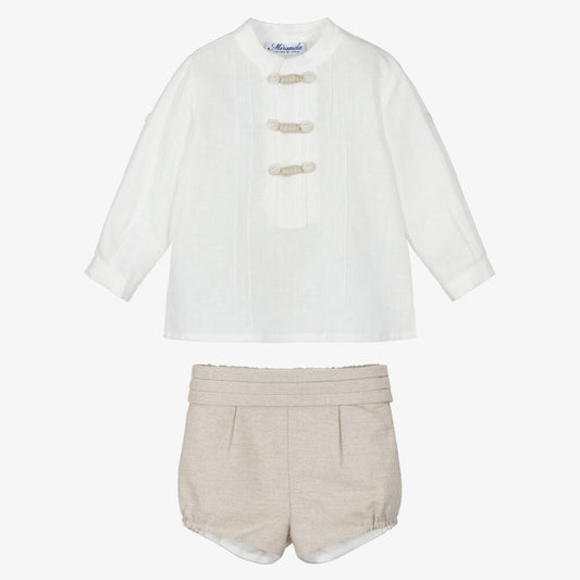 Miranda-Boys Ivory Shirt & Beige Shorts Set