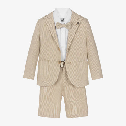 Boys Beige Cotton stripe Shorts Suit