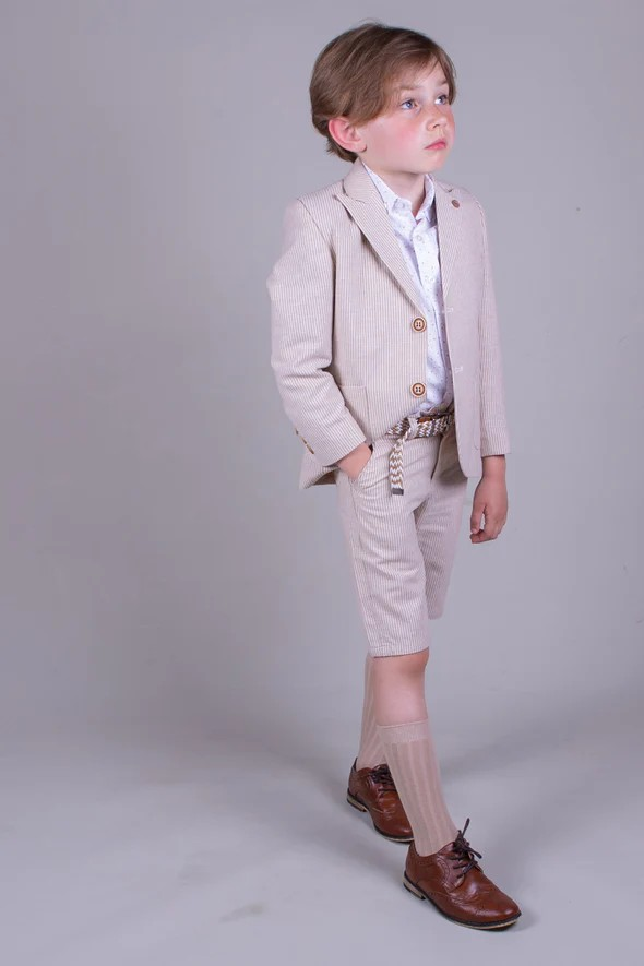 Boys Beige Cotton stripe Shorts Suit